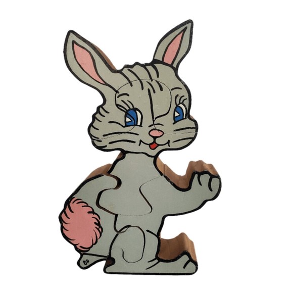 Bunny Rabbit Wooden Puzzle Toddler Chunky Jigsaw Signed Kermit & Diane Pope Vtg - Picture 6 of 12